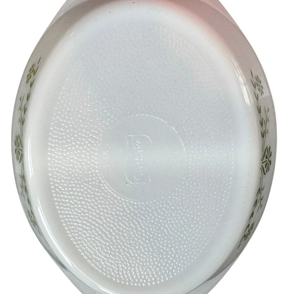 Glasbake Vintage White Milk Glass‎ Divided Serving Dish Green Floral Pattern